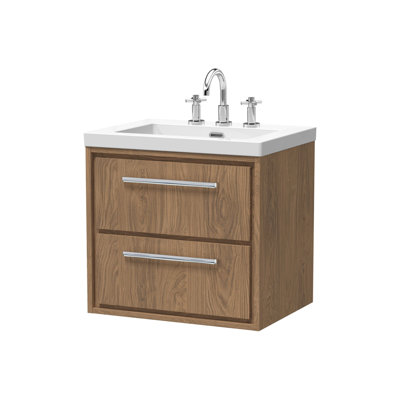 Hudson Reed Lille 800mm Antique Oak 2 Drawer  Wall Hung Vanity Unit With 3 Tap Holes Fireclay Basin
