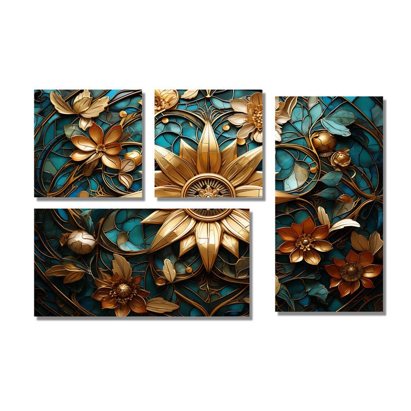 Décoration murale rétro dorée et bleu sarcelle 3D - Or 4 pièces, Toile tendue, Ne s’applique pas