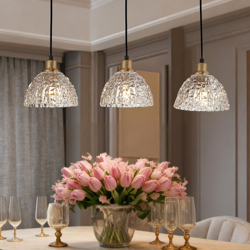  Luminaire suspendu pour îlot de cuisine 3 lumières 33,5 pouces avec abat-jour en verre transparent texturé écorce (ampoule non incluse)
