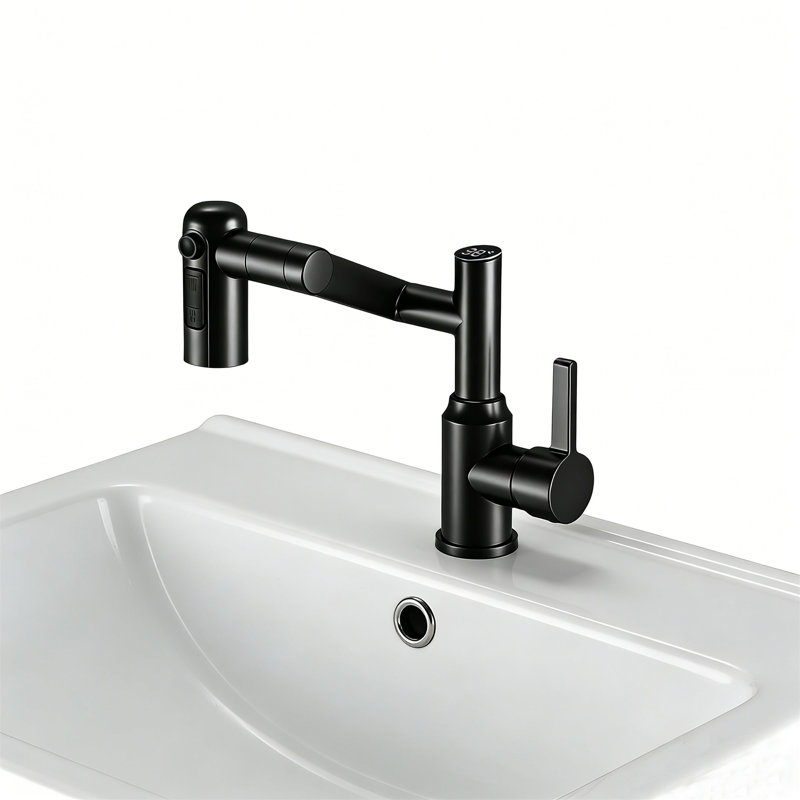 Rotatable Bathroom Faucets With Temperature Display 3 Water Outlet Modes Matte Black