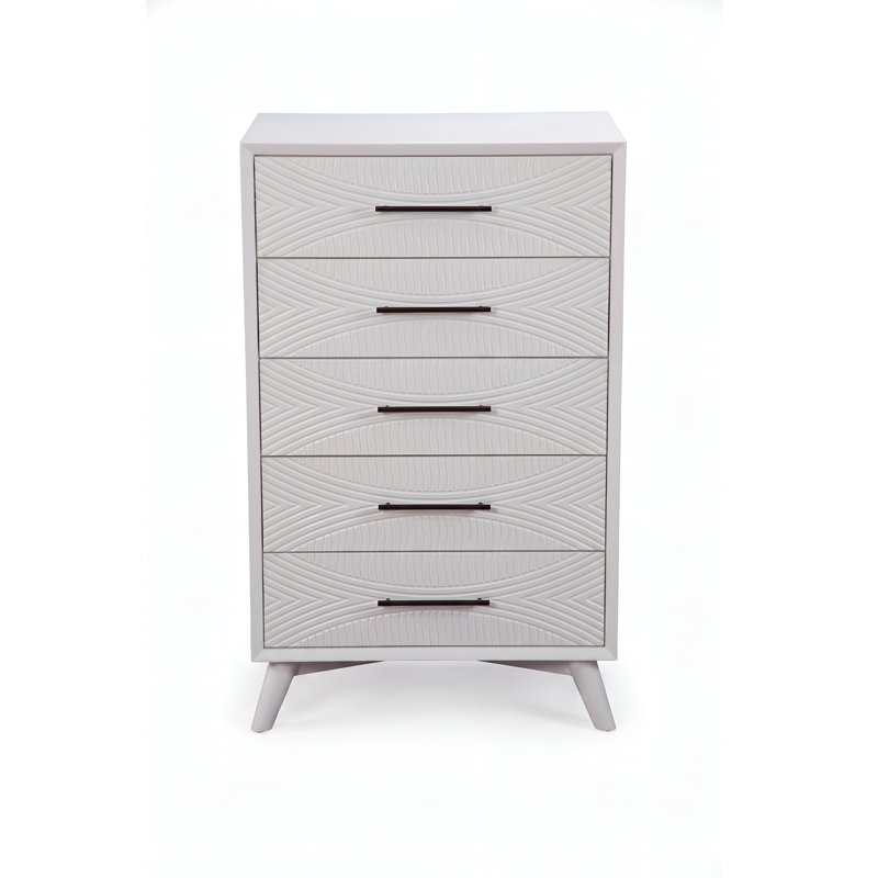 Commode à 5 tiroirs de style moderne, coffre en bois massif et panneau de fibres à densité moyenne, entièrement assemblé, tiroirs à queue d'aronde française et anglaise pour la chambre à coucher
