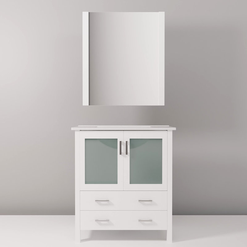 30 po L Blanc meuble-lavabo, P 18,25 po, comptoir en céramique, miroir 28 po, fermeture en douceur, rangement intérieur, surface de meuble-lavabo Scratch pour la salle de bain, meuble de rangement,