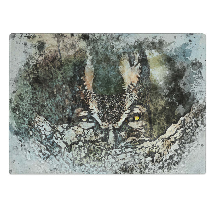 Glass Long-Eared Owl in Abstract Chopping Board, 39 cm W x 28.5 cm L