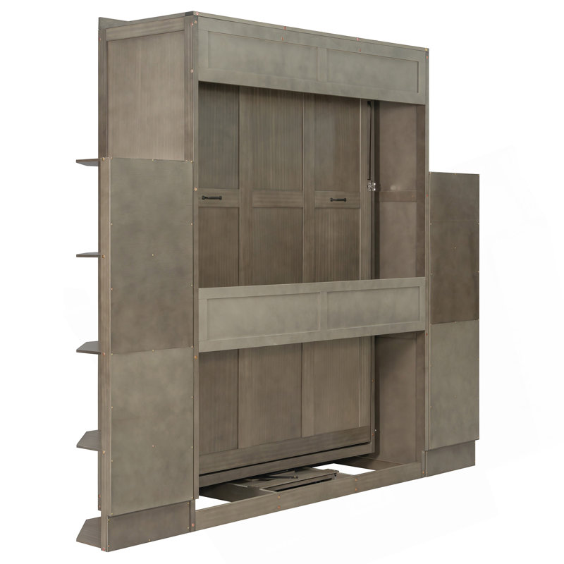 Grand lit escamotable rotatif avec armoire murale cachée, deux tablettes latérales à 3 niveaux, bureau convertible et supports de rangement supplémentaires