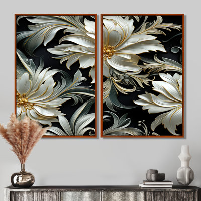 Motif de fleurs exotiques grises et noires - chalet blanc, impressions sur toile traditionnelles, 2 pièces