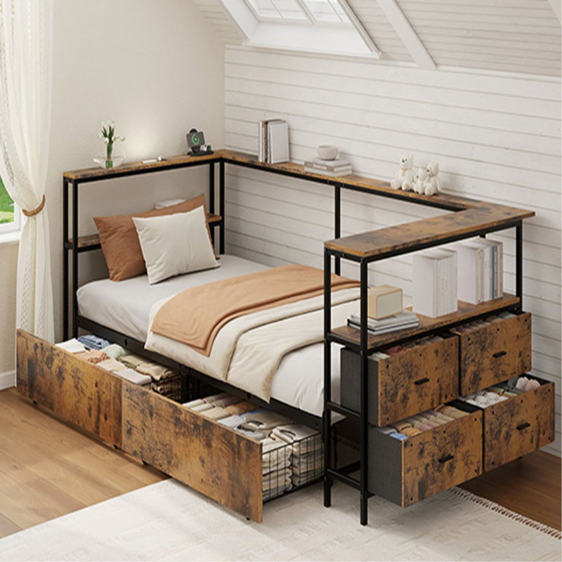 Cadre de lit simple d'angle Structure de lit plateforme simple en métal avec tiroirs de rangement Lit de jour simple pour enfants et adolescents, cadre de lit pour enfants, noir