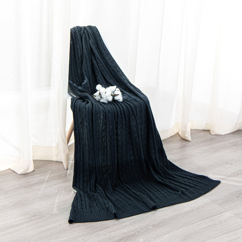 Couverture en coton tricoté , Marine, L 67 po x l 51 po