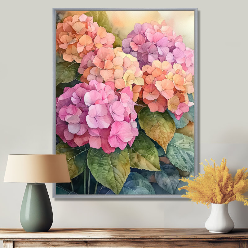 «Hydrangeas In The Sunset Glow III - Hydrangea», art mural sur toile, Argent argent, Impression encadrée flottante