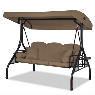 3-Seat Outdoor Porch Swing with Adjustable Canopy, 2 in 1 Convertible Patio Swing Bed, Patio Glider Swing for Backyard, Brown