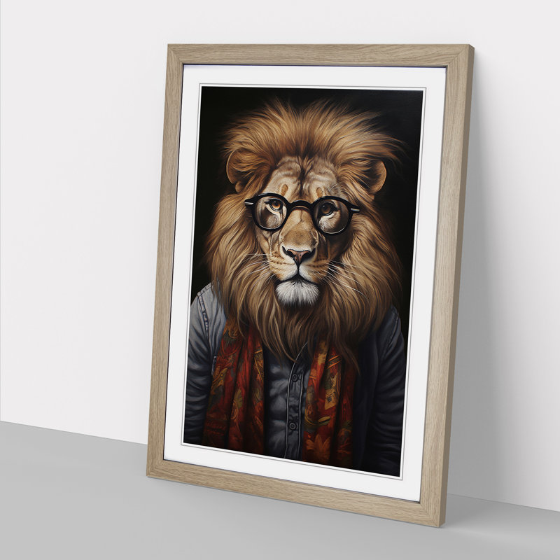 Lion With Glasses - Single Picture Frame Print on Wood, Oak, 64cm H x 46cm W x 2cm D