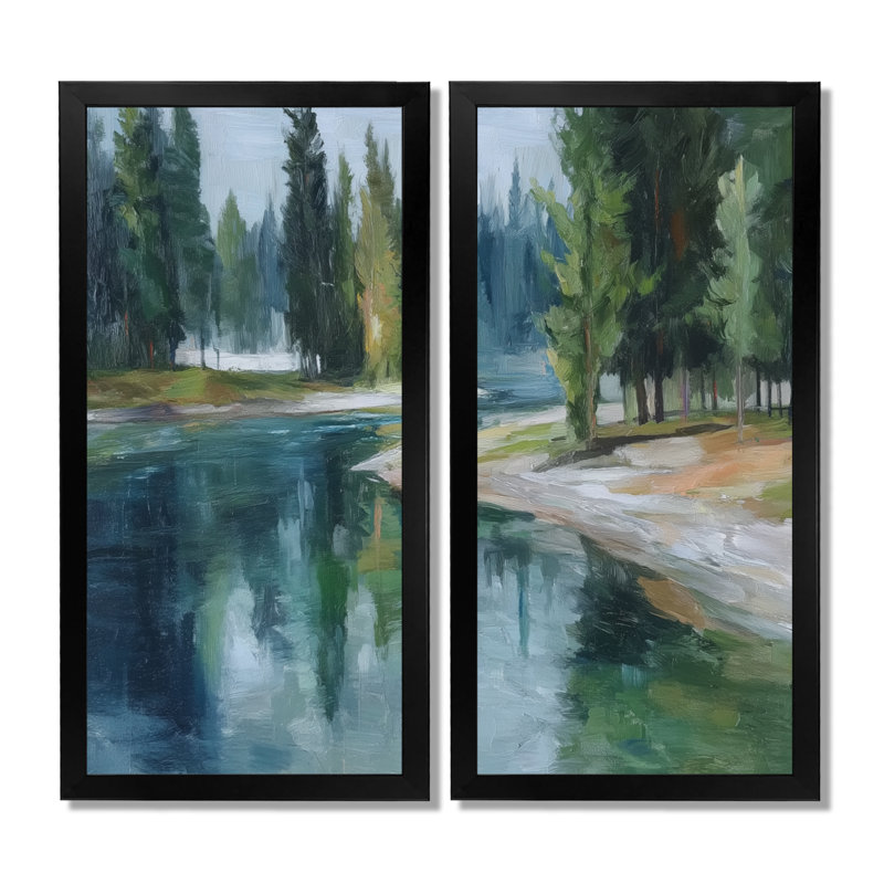 «Pine Trees Fraser River Calming Current», reproduction d'art sur toile, paysage vert, 2 pièces, H 20 po x l 24 po, Noir