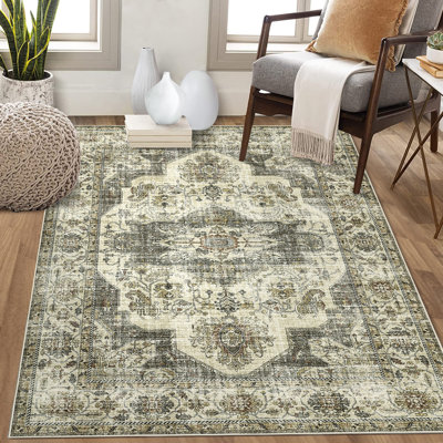Oriental Machine Washable Rug with Rubber Backing for Living Room Durable Vintage Floor Carpet Easy-Cleaning Rug