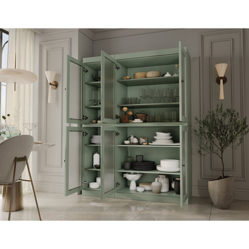 100% Solid Wood 48.5" Pantry China Cabinet with Frosted Glass Doors and Adjustable Shelves, Sage
