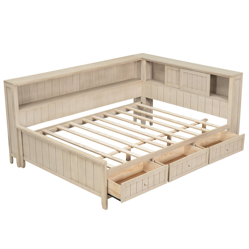 Full Size Daybed With 3 Drawers And Storage Shelves, Antique White Milk Hue, Strong Wood Construction For Durability Options Drawers, Build Dependability