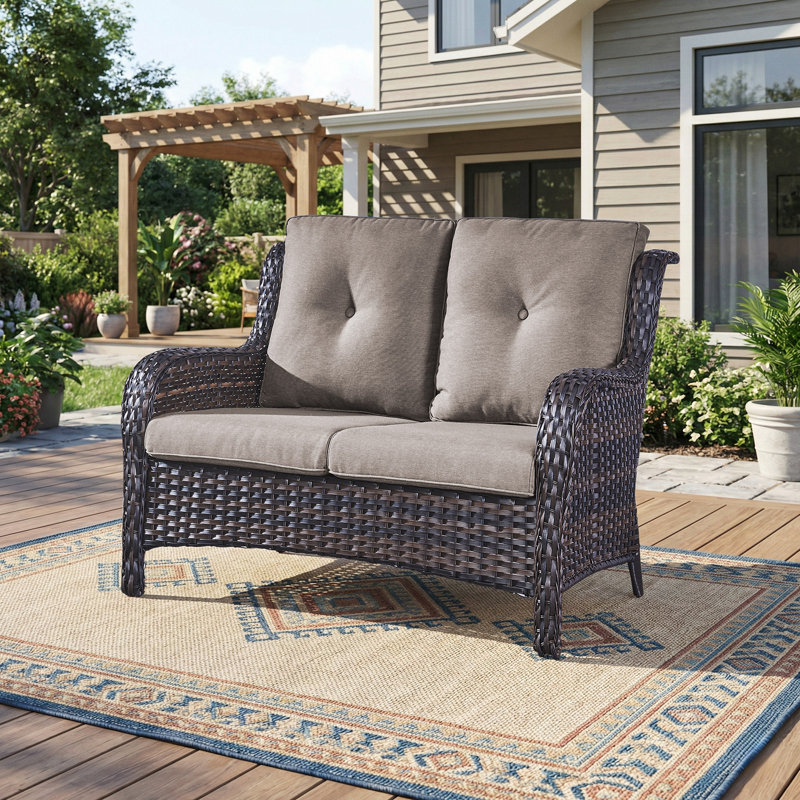 Ambarvale 53'' Wide Straight Wicker Loveseat with Cushions, Brown, Gray