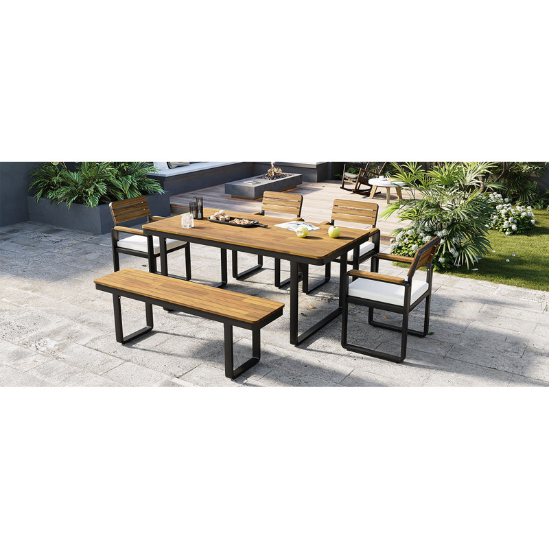 6-Piece Outdoor Dining Set, Acacia Wood, 1 Table With 4 Chairs & 1 Bench For 6-7 Person, Comfortable Cushions On Chairs, Adjustable Feet, For Patio, Garden, Backyard Dining, Beige Cushion