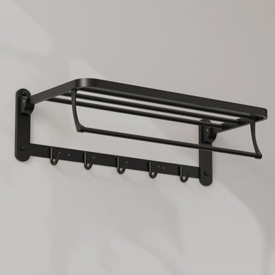 Wall Mounted Towel Rack With Storage Shelf And 5 Hooks