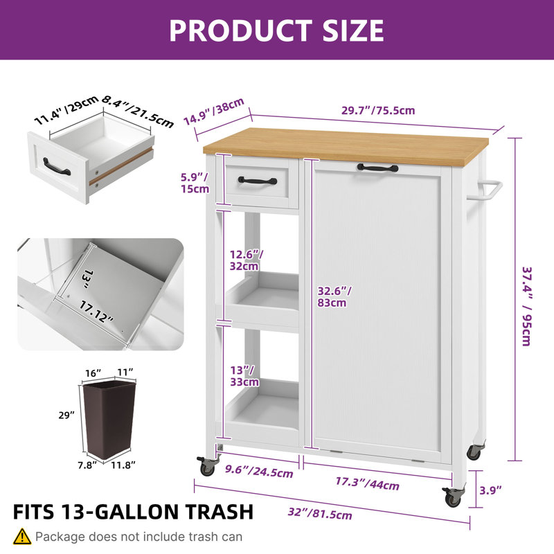 Rolling Portable Dining Serving Utility Small Kitchen Island Cart On Wheels With Trash Can Storage Cabinet For 13 Gallon Garbage Bin