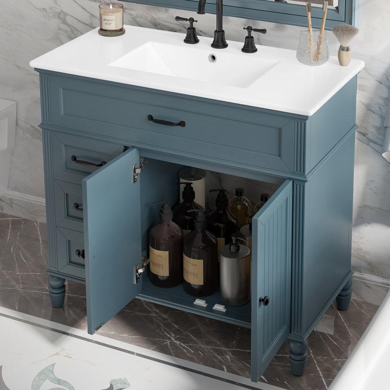 Meuble-lavabo noir avec tiroirs 36 po, Bleu
