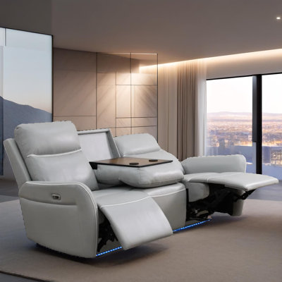 Misty Light Gray  Vegan Leather   Reclining  Sofa With Cup-Holders ,Wireless Charging And LED Lights