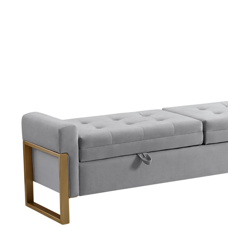 Drewes Velvet Storage Bench for Bedroom End of Bed with Double Lids,Gold Legs, Gray