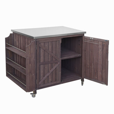 42.1" Outdoor Kitchen Island With Side Shelf, Outdoor Grill Cart With Storage Cabinet, Outdoor Kitchen Cabinet With Stainless Steel Top,  Adjustable Shelf And 4  Wheels For Pizza Prep, Dark Brown