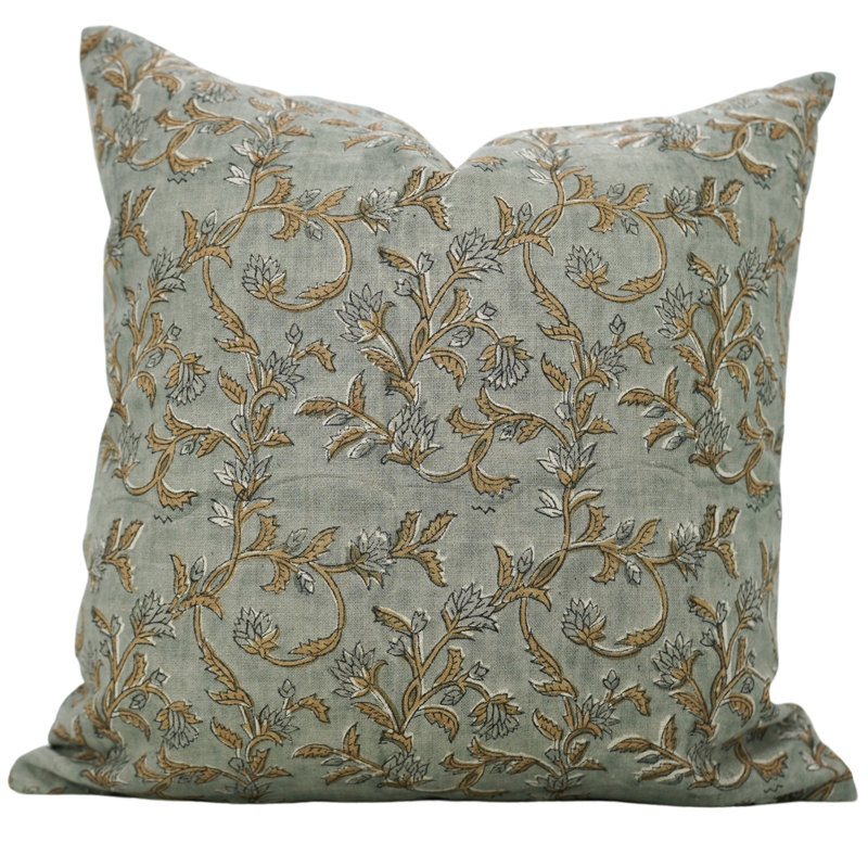 Housse de coussin en lin pur Fabcline, imprimé en bloc, Square, Bleu, 14"H x 14"W
