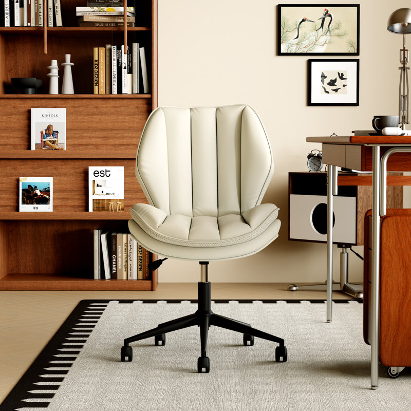 EIZIMZVU Modern Armless Office Chair with Wheels, Upholstered PU Leather Desk Chair, Adjustable Height Computer Chair with High Back for Home Office, Vanity and Study Room