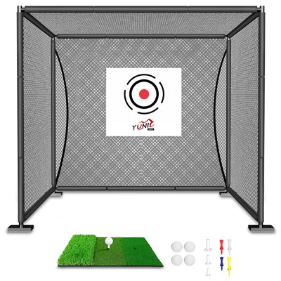 YUNIC Cage de conduite de golf robuste de qualité supérieure avec structure en métal, toile de cible et tapis de frappe