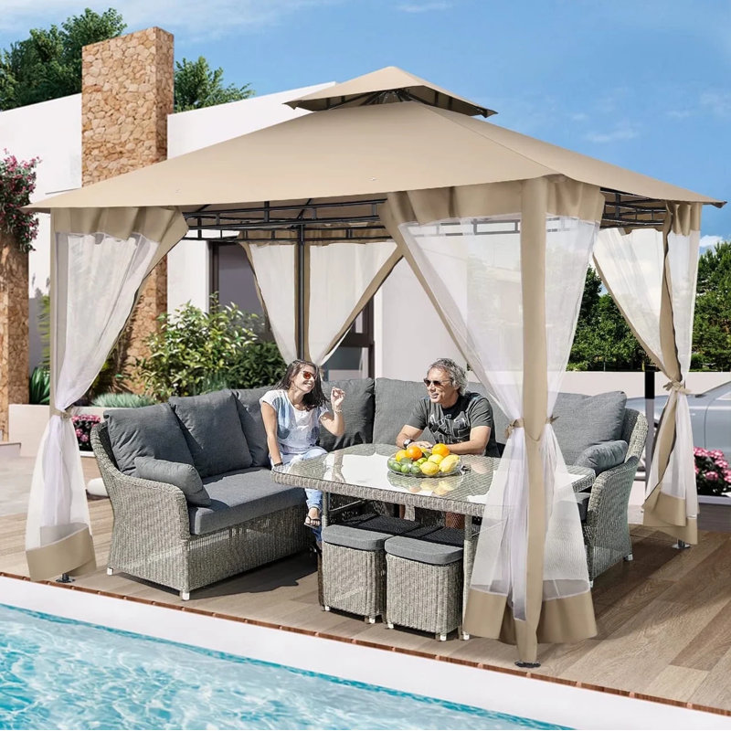 120'' D Gazebo with Improved Cold-Proof Curtains Nettings Winter Gazebos on Clearance Heavy Duty Gazebo Double Roof with Metal Frame Gazebo Tent for Patio, Deck (Frame Thickened)