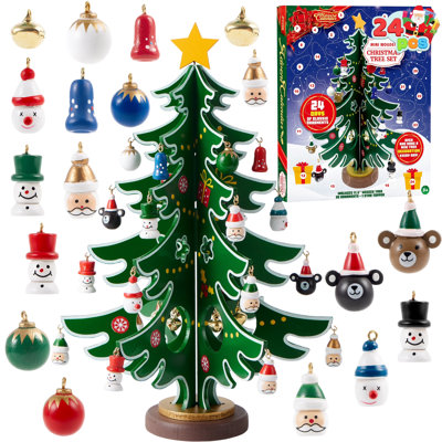 Christmas Advent Calendar 2024 with a Tabletop Wooden Christmas Tree and 24 Ornaments Snowman Santa Decorations for Boys, Girls and Kids Party Favors,