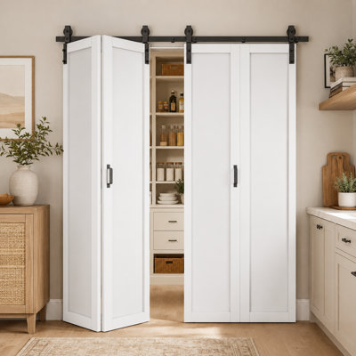 Pre-assembled Panel, Double Bifold Barn Door White Primer Solid Manufactured Wood Interior Closet Doors with Hardware Kit