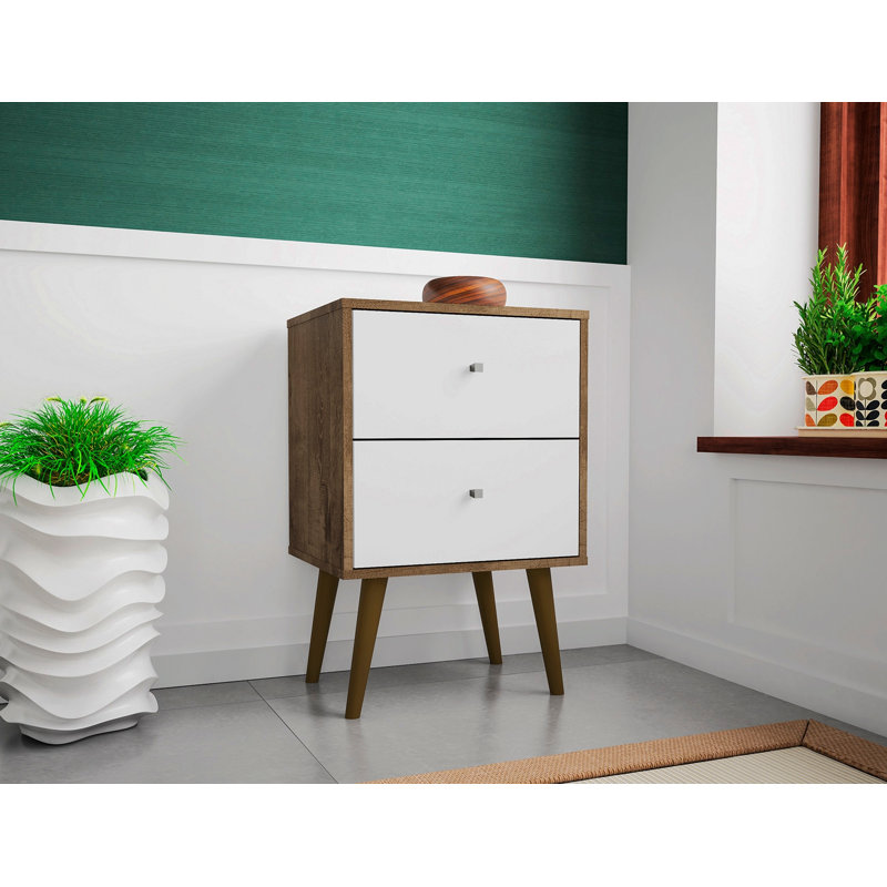 Liberty 18" W Mid-Century Modern 2-Drawer Nightstand in Rustic Brown and White, Brown/White