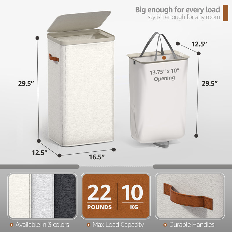  2 Pack 1-Compartment Laundry Basket with Removable Laundry Bag - Beige, Set of 2, Beige