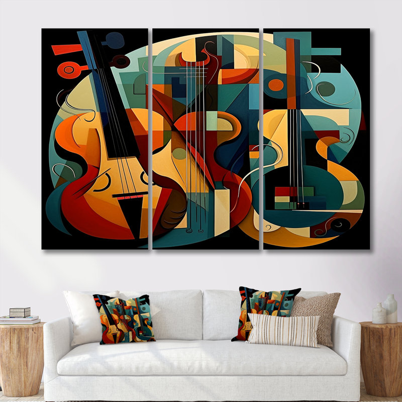 L'art de la contrebasse rétro géométrique abstrait - ensemble d'art mural musical, Toile tendue, H 28 po x l 36 po x P 1 po