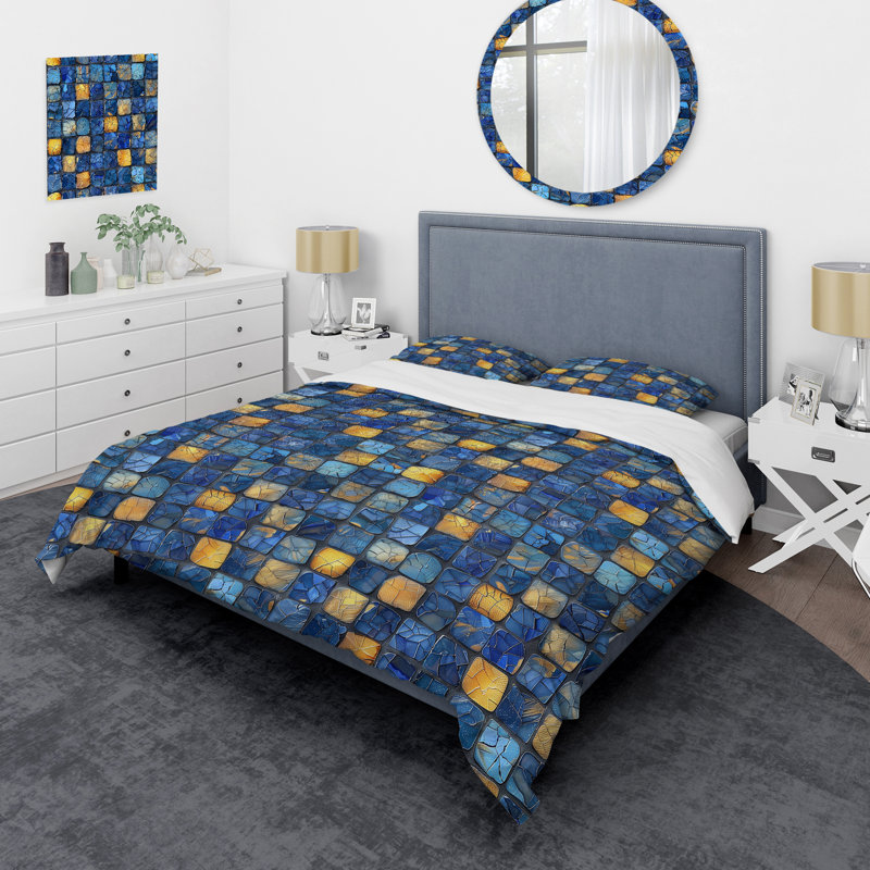 Ensemble de housse de couette moderne bleu, jaune et mosaïque moderne I, Housse de couette très grand et 2 très grandes t