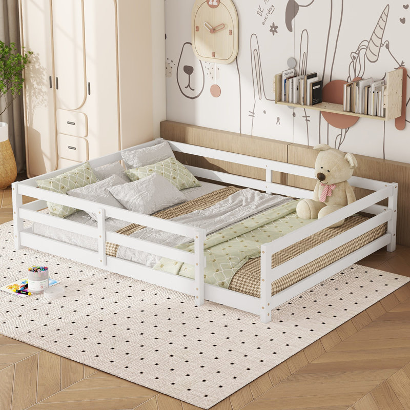 Lit double en bois pour plancher, Blanc, Lit double