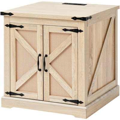Rectangle Pe Woven Coffee Table, 24-inch End Convenient Charging Outlets, Ample Storage For Makeup Area