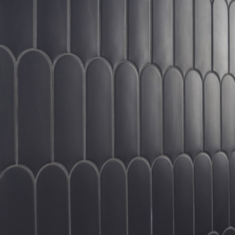 Fan 3" x 8" Fishscale Airy Matte Spanish Wall Tile, Dark/Charcoal Black