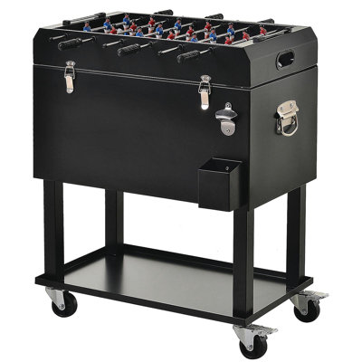 68QT patio cooling ice bucket with football table top, portable poolside party beverage roller cart