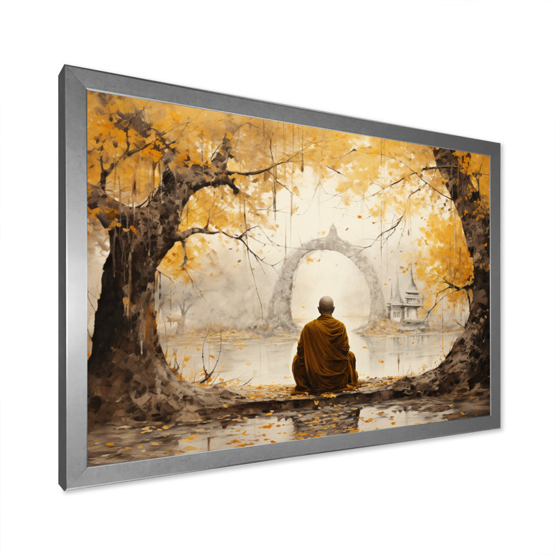 «Bouddha gris et jaune, chemin éclairé I», reproduction sur toile, H 34 po x l 44 po x P 1,5 po, Cadre photo argenté