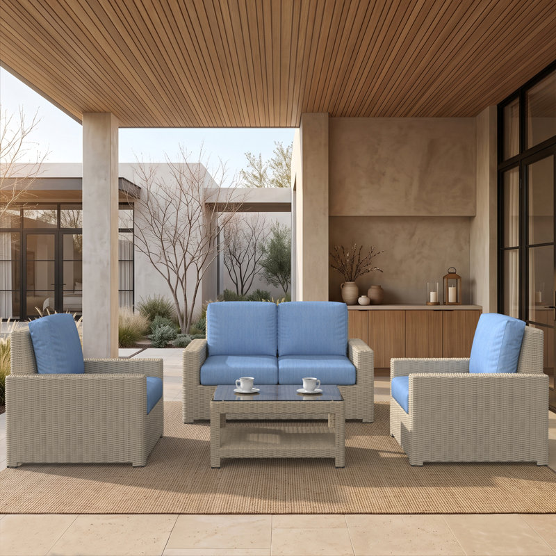 Ensemble de conversation pour causeuse 4 pièces en osier avec coussins Sunbrella Henri, Sunbrella® Canvas Fern