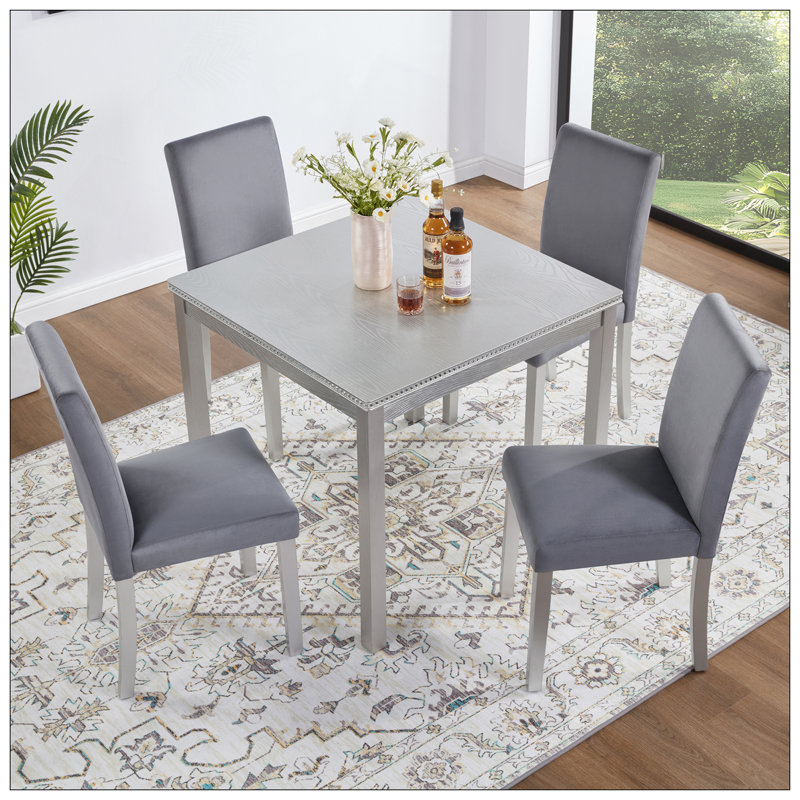 Ensemble de table de salle à manger en bois 5 pièces, ensemble de table de cuisine avec une table carrée et 4 chaises rembourrées, table de salle à manger en bois avec décoration en cristal et ensemble de chaises pour la cuisine, la salle à manger, gris argenté