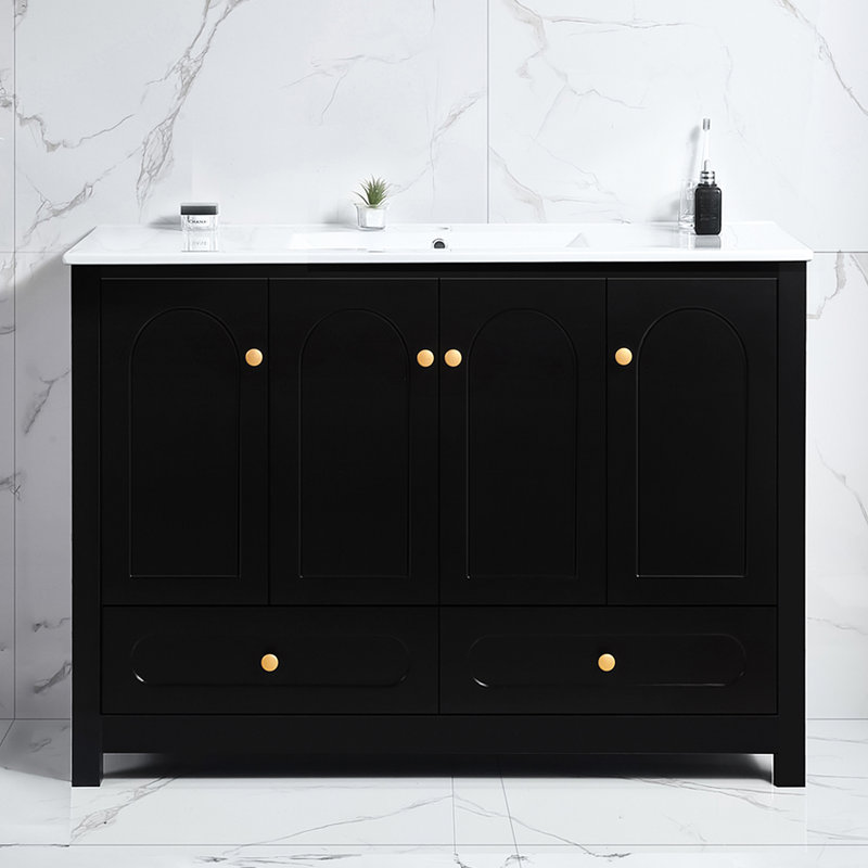 Meuble-lavabo de 48 po de couleur noire, 4 portes coulissantes, 2 tiroirs, structure en bois massif, armoire, décor transitionnel et polyvalent à fermeture silencieuse et large noir pour la salle de bain, rangement de tiroirs de portes,