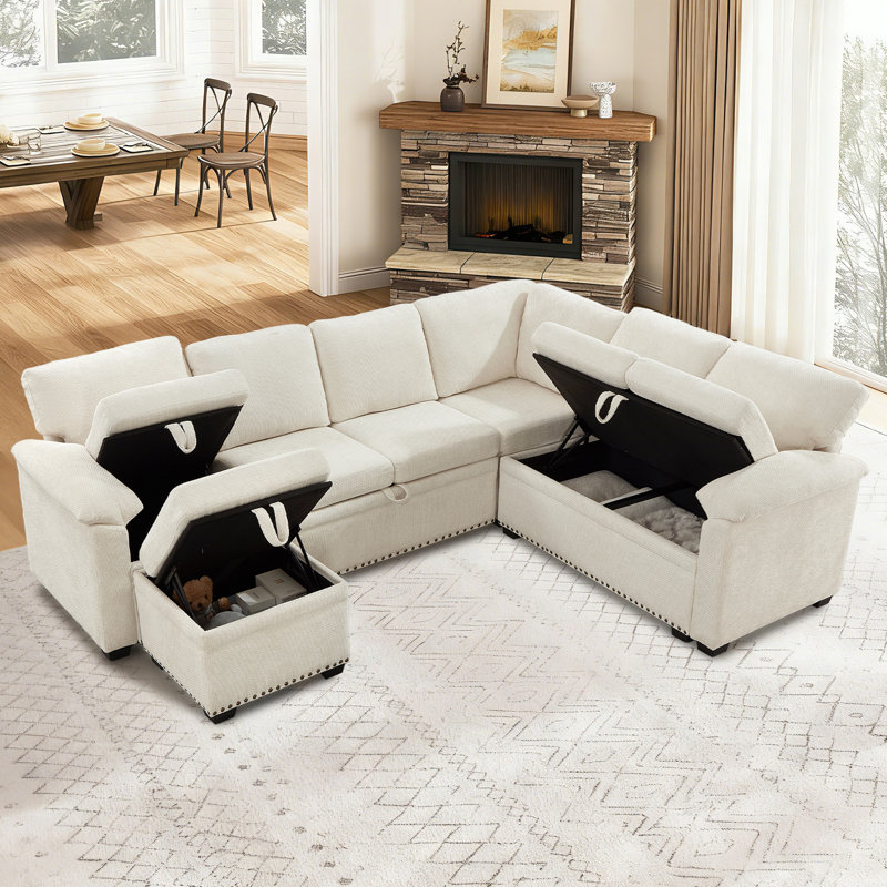 Katrein Beige 7-Seater Sectionals, L-Shaped Convertible Sectional Sofa Bed with Storage, Pull-Out Sleeper Sofa with Storage Ottoman