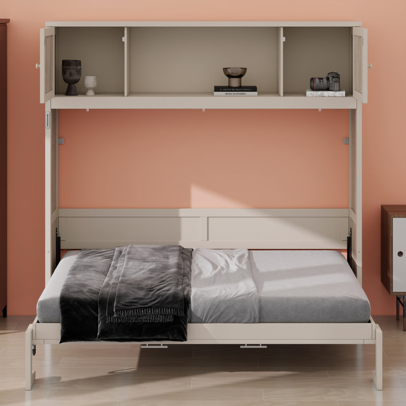 Cadre de lit escamotable multifonctionnel, armoires de rangement pratiques intégrées, Beige
