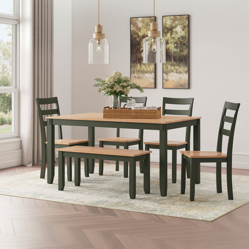 Malkin Dining Table With 4 Chairs And Bench, Set Of 6, Green, Green