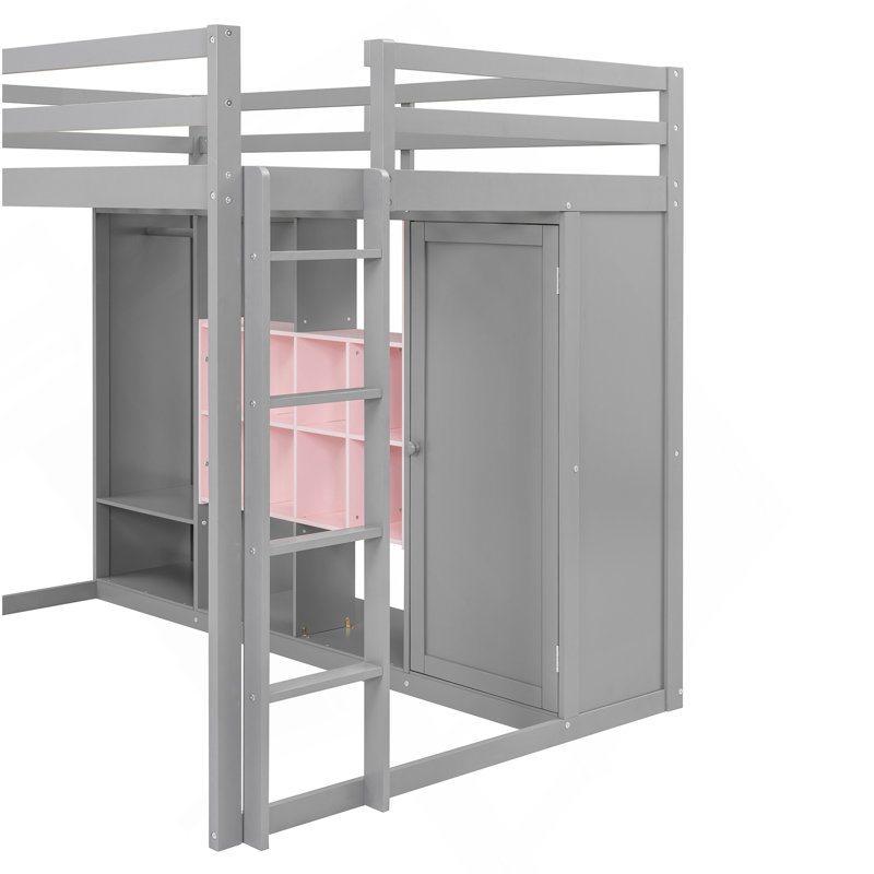Lit mezzanine en bois pleine grandeur avec garde-robe, tablettes et armoire, gris et rose, Lit double, Rose / Gris