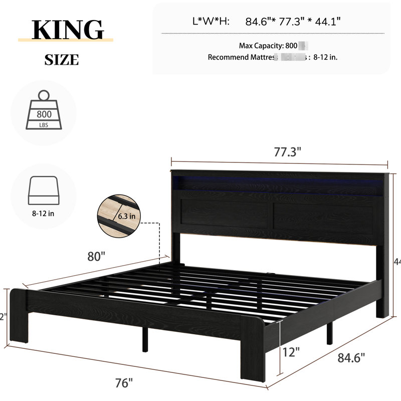 Cadre de lit pour très grand lit, noir avec tête de lit avec rangement et 2 ports, combinaison en bois et en métal, aucun sommier requis, facile à construire, sous option