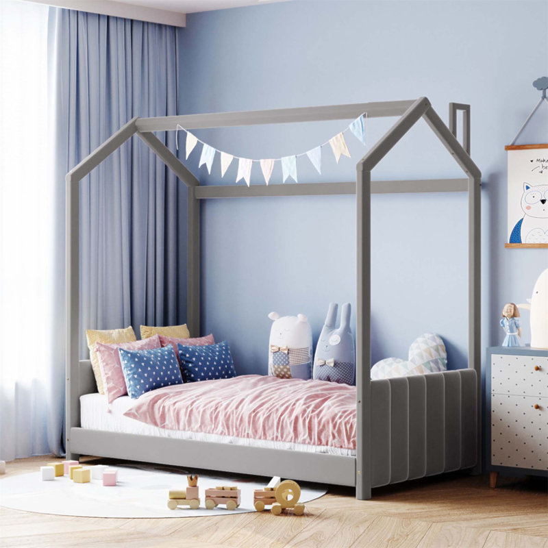 Velvet House Bed With Wood Frame, Luxurious Comfort And Modern Design For Any Bedroom., Twin, Gris